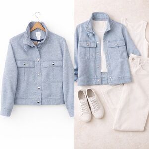 H&M Linen-Blend Utility Shirt Jacket Blue/White NWT